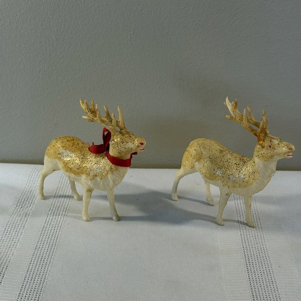 2 Thin Celluloid 1950's Reindeers Japan Christmas Figurine 3.5